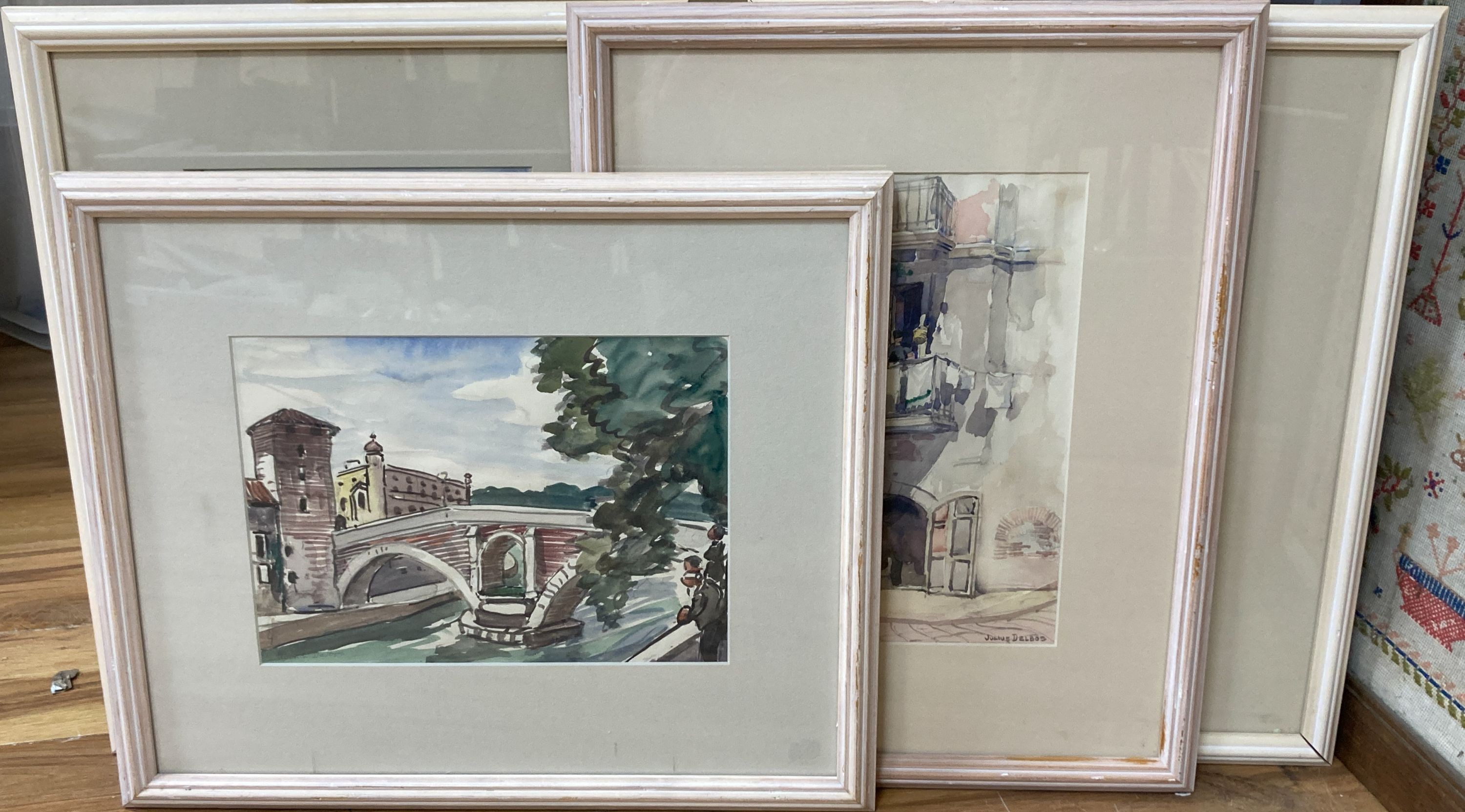 Julius Delos (1879-1970), four watercolours, Views in Naples, Rome and Venice, signed, largest 30 x 21cm.